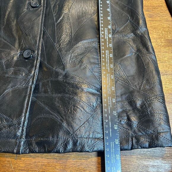 Cellini Leather Coat  Stitch Mosaic Patch Button Up Jacket - Picture 6 of 7